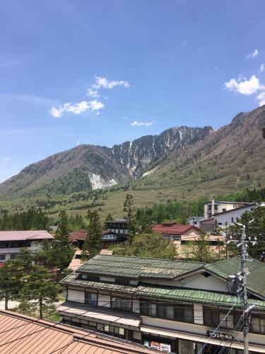 a town with a mountain in the background at Hotel Hirayunomori Annex in Takayama