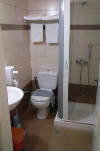 a bathroom with a toilet and a shower and a sink at Windmill Naxos in Naxos Chora