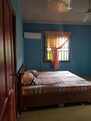 Cama en habitación azul con ventana en Edo Home, en Benin City