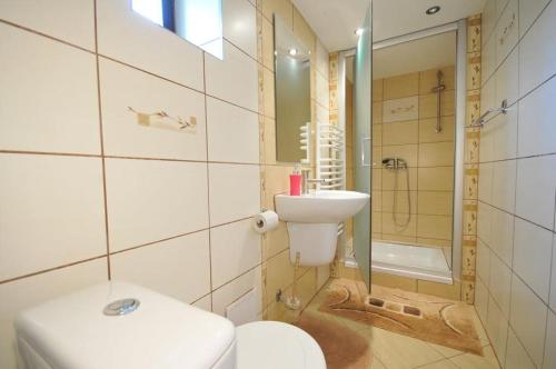 y baño con aseo, lavabo y ducha. en Apartmany pod Troma Korunami en Červený Kláštor