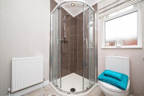 a bathroom with a glass shower and a toilet at Thistle Lodge in Auchterarder