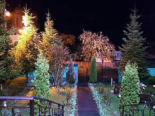 a garden at night with christmas lights on trees at Pensiunea Agroturistică Piscul Soarelui in Cîmpulung
