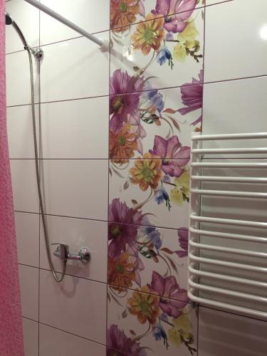 a shower stall with a flower pattern on the wall at Villa Diola in Kosiv
