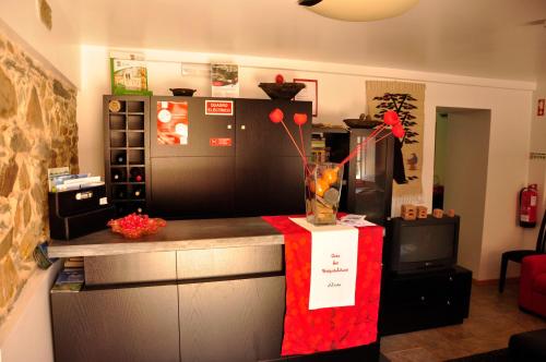 a kitchen with a counter with a vase with a flower in it at Casa dos Hospitalários in Alvaro