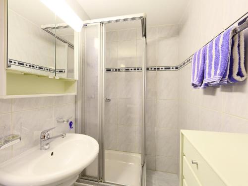 W łazience znajduje się prysznic, umywalka i toaleta. w obiekcie Brunnmatt Holiday Apartment Zermatt w mieście Zermatt