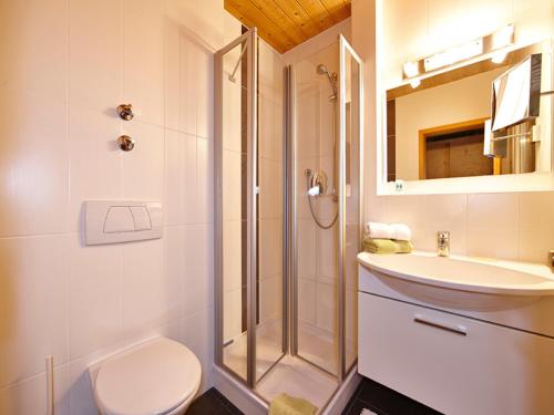 a bathroom with a shower and a toilet and a sink at Hotel am Wiesenhang - Garni in Bad Kohlgrub