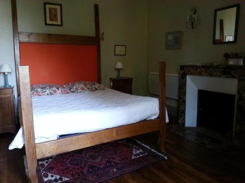 a bedroom with a bed and a fireplace at Le Logis in Les Pineaux