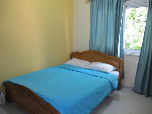 una camera da letto con un letto con lenzuola blu e una finestra di Vergi Apartments a Pyla