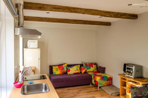 a living room with a purple couch with pillows at Colourfull fence apartment in Liepāja