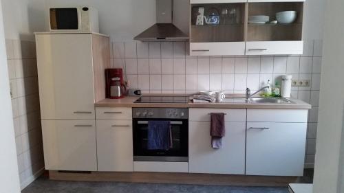 a small kitchen with a stove and a sink at Ferienwohnung Parkblick in Soltau