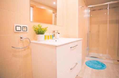 a white bathroom with a sink and a shower at Apartamentos Amaiur 2 in Estella