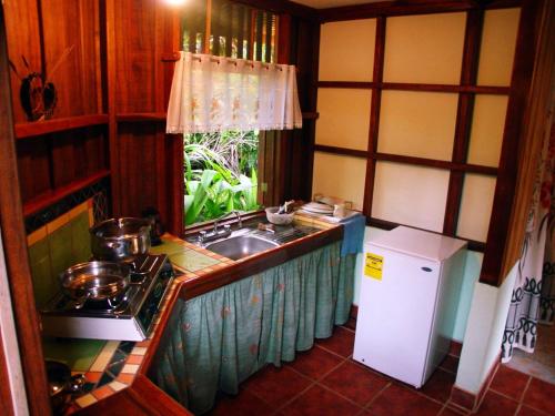 a kitchen with a stove, sink, and refrigerator at La Casa de Rolando in Puerto Viejo