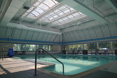 an indoor swimming pool with a large glass ceiling at The English Inn of Charlottesville in Charlottesville