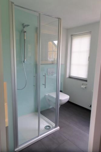 a bathroom with a glass shower and a toilet at Haus Gerry in Düsseldorf