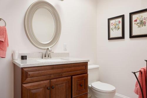 a bathroom with a sink and a mirror at Cheltenham Suites in Caledon