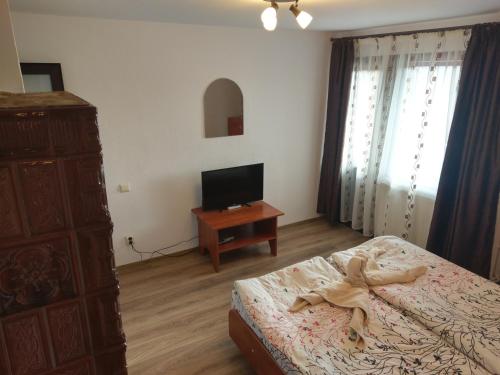 a bedroom with a bed and a dresser and a television at Aterman House in Vlădeni