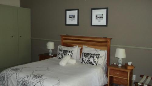 a bedroom with a bed with pillows and two lamps at HouseMartin Lodge & Self Catering in De Rust