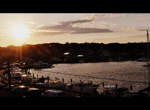 a group of boats docked in a harbor at sunset at Summercamp in Oak Bluffs