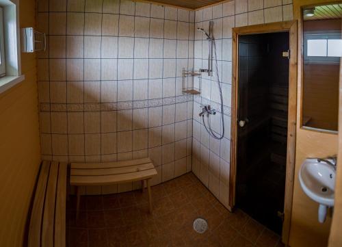 a bathroom with a shower and a sink at Kassariotsa Holiday House in Kassari