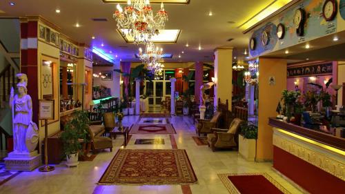 a lobby of a store with a chandelier at Hotel Kosta Famissi in Kalabaka