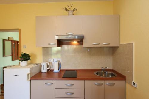 una cocina con armarios blancos y fregadero en Apartment MIHAJIC M, en Klimno