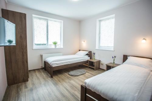a small room with two beds and two windows at Apartments on Leva st. in Berehove