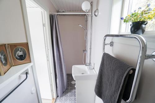 a bathroom with a white toilet and a shower at Anfasteröd Gårdsvik - Badstugorna in Ljungskile