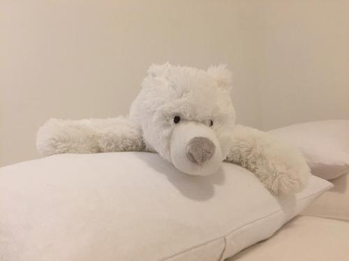 un ours en peluche blanc posé sur un oreiller dans l'établissement La Tanière de l'Ours Blanc Aubagne-Cassis-Aix en Provence, à Aubagne