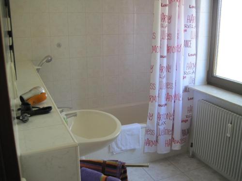 a bathroom with a sink and a shower curtain at Haus Meßmer in Bad Dürrheim
