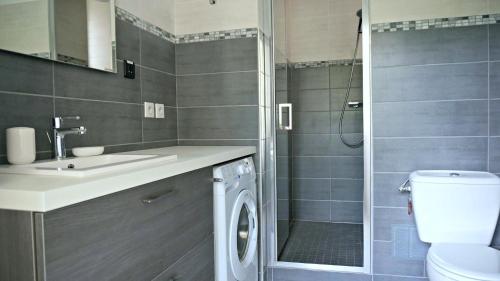 une salle de bain avec une machine à laver et un lavabo dans l'établissement Little Suite - Colas, à Lille