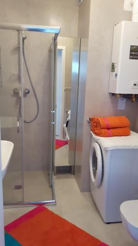 ウストロニエ・モルスキエにあるRezydencja Ustronie - Apartament Slonecznyのバスルーム(洗濯機、シャワー付)