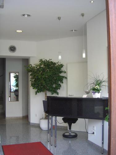 a black piano in a room with a plant at Hotel Feuerbacher Hof in Stuttgart