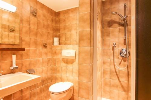 a bathroom with a shower and a toilet and a sink at Heli's B&B Frühstück "light" inkludiert in Saalbach-Hinterglemm