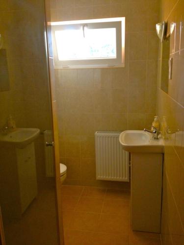 a bathroom with a sink and a toilet and a window at AndreaApartmanok in Balatonfüred