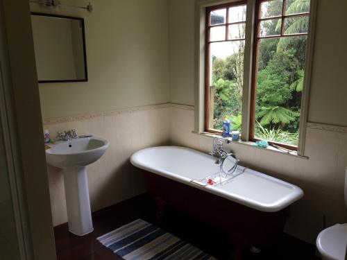 a bathroom with a tub and a sink and a window at Georges BnB Nature and Lifestyle Retreat in New Plymouth
