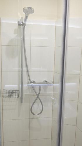 a shower with a shower head in a bathroom at Muranów Studio in Warsaw