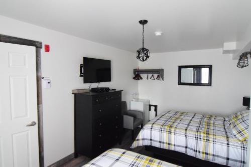a bedroom with a bed and a tv on a dresser at Mon Coin de Pays in Sacré-Coeur-Saguenay