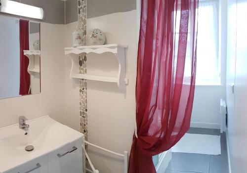 a bathroom with a red shower curtain and a sink at Gîtes de "La Haute Borde" in Le Pin-la-Garenne