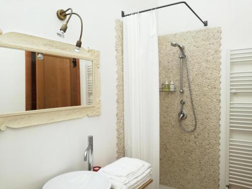 ein Bad mit einer Dusche, einem WC und einem Spiegel in der Unterkunft Agriturismo Morattina in Castrocaro Terme