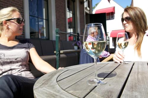 Due donne sedute a un tavolo con bicchieri da vino di Hotel Medemblik a Medemblik