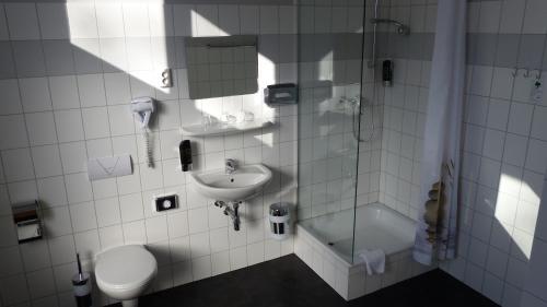 a bathroom with a shower and a sink and a toilet at Hotel am Schlosspark in Güstrow