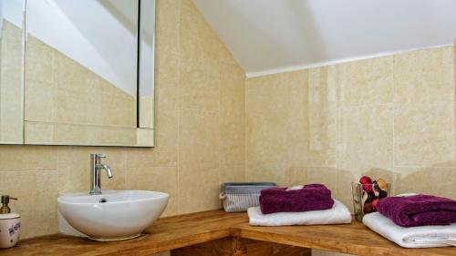 a bathroom with a sink and a mirror at Canada Lodge and Lake in Creigiau
