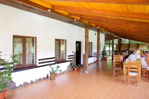 uma sala de jantar com mesa e cadeiras num edifício em Paradisul Verde em Bretea