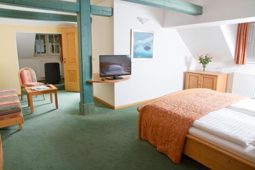 Un dormitorio con una cama y un televisor de pantalla plana. en Guesthouse Avsenik, en Begunje na Gorenjskem
