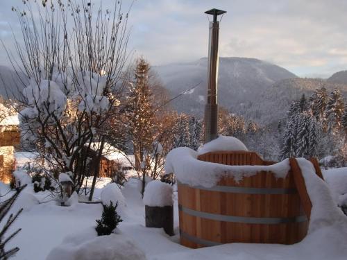 a hot tub covered in snow with mountains in the background at Mein Chalet in Reit im Winkl