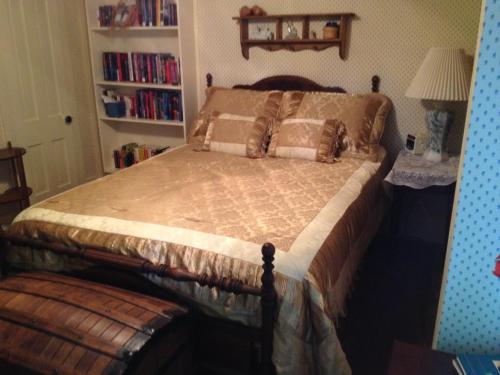a bedroom with a bed and a book shelf at Green Belt Bed & Breakfast in Ames