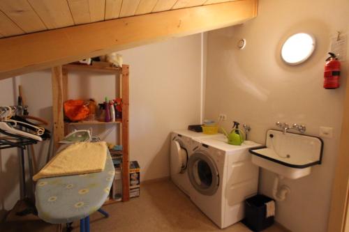 a bathroom with a washing machine and a sink at Chalet Du Mont in Chateau-d'Oex