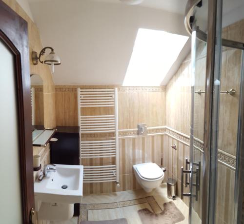 a bathroom with a toilet and a sink at La Bunica in Cisnadioara