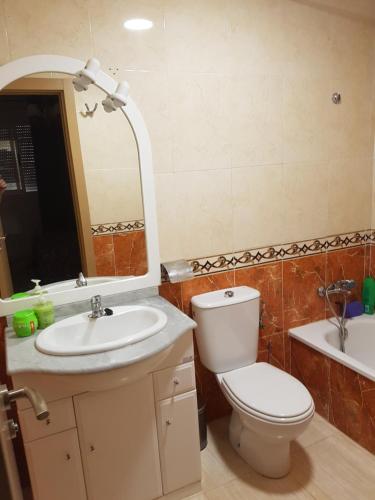 a bathroom with a toilet and a sink and a mirror at Apartamento Costa Marina III Magic World in Oropesa del Mar