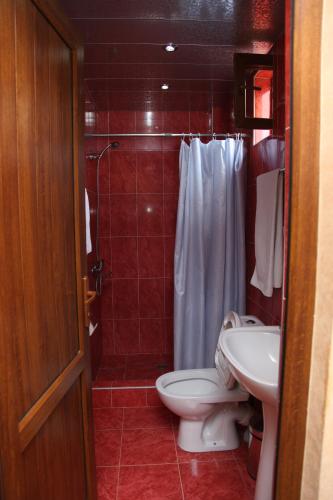 a bathroom with a toilet and a sink and a shower at Hotel Obola in Samtredia